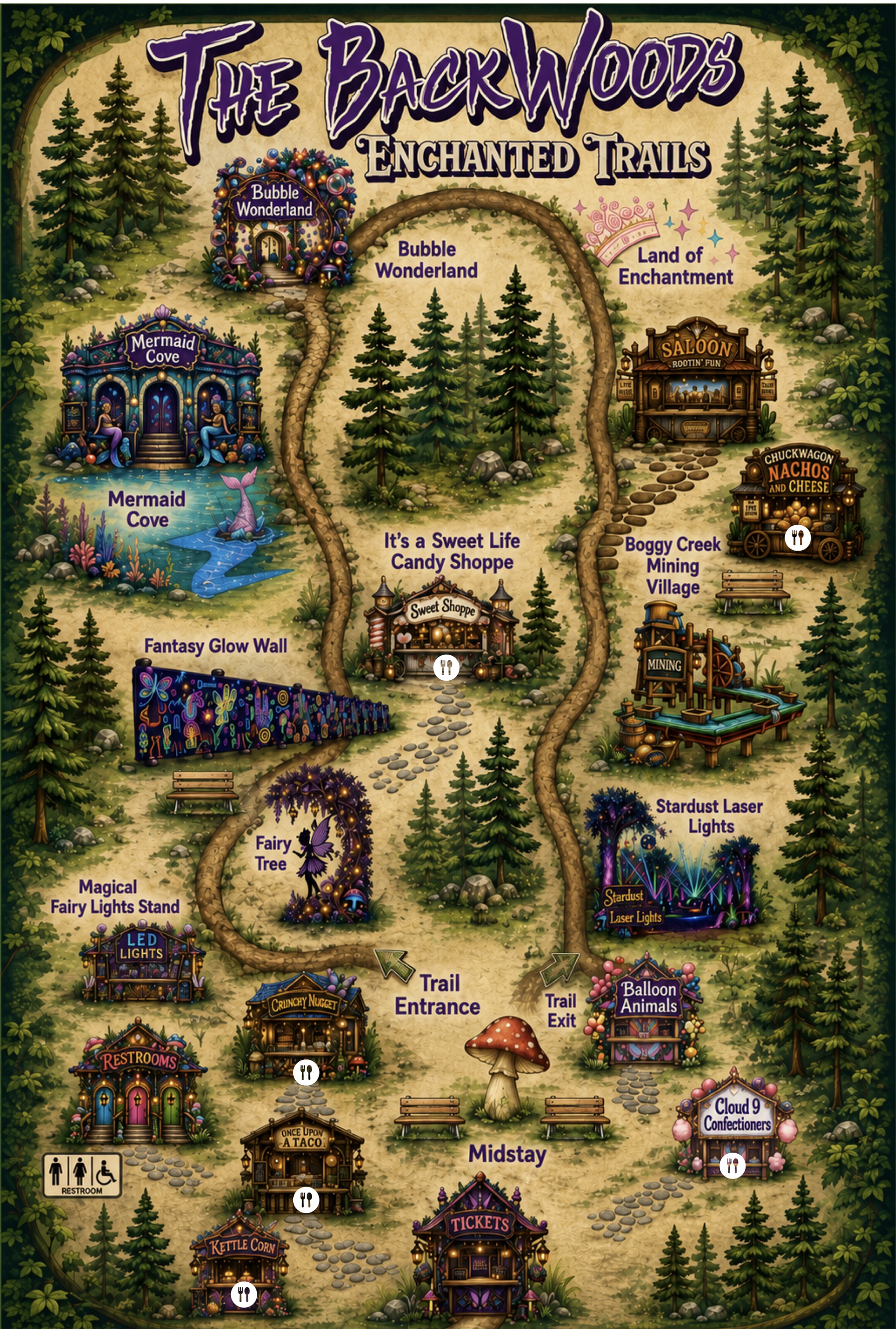 Illustrated map of The Backwoods Enchanted Trails, from Midstay and the trail entrance through the Fairy Tree, Fantasy Glow Wall, Mermaid Cove, Bubble Wonderland, Boggy Creek Mining Village, and Land of Enchantment.